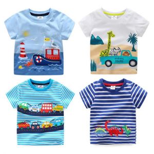 2021 Summer 2-10T Children'S Birthday Clothing Dinosaur Car Striped Print Short Sleeve Basic Tops Cartoon T Shirt For Kids Bo