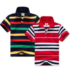 New Boys Striped Summer T-Shirts School Children Clothing Cotton Short Sleeve Turn-down Collar Buttoned Sports Tees Size 2-12Yrs