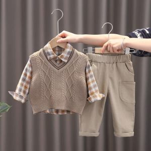 Baby boys 3-piece-sets 0-4 years old kids spring and autumn clothing children's Diamond check sweater vest+Plaid shirt+Overal
