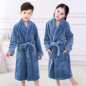Fashionable Flannel Bathrobes for Children Girls Soft Teenage Boys Sleepwear Cartoon Bear Print Pajamas Coral Velvet Bathgrowns