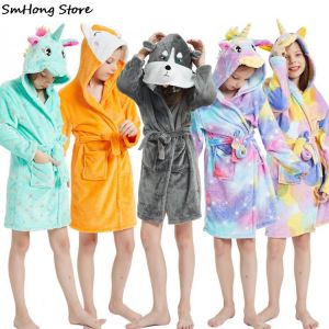Boys Girls Hooded Bathrobe Kigurumi Unicorn Anime Cartoon Towel Beach Children's Sleepwear Baby Kids Bath Robes Pyjamas Baby