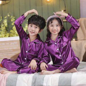 3 6 9 12 14 Year Child Boy Girl Pajamas Silk Sleepwear Tops Pants Clothing Sets for Teens Girls Purple Pyjama Kids Satin Pijamas