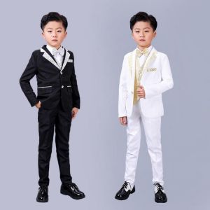 5PCS Flower Boys Formal Dress Suit Set Children Blazer Vest Shirts Pants bowtie Outfit Boy Wedding Piano Performance Clothing