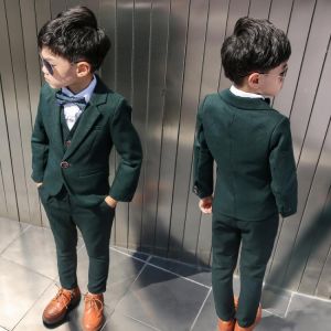 Dark Green Boys Formal Wedding Party Suits Sets Children Blazer Vest Pants Tie 4PCS Outfits Kids Performance Dress Costume,F112