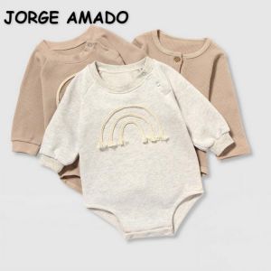 2021 Autumn New Baby Girls Boys Bodysuit Round Collar Long Sleeves Rainbow Cotton Jumpsuit Newborn Casual Clothes E01