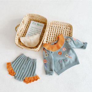 Spring and Autumn New Baby Girl Knitted Suit Long Sleeve Embroidered Ruffle Collar Top + Lace Knitted Pants 2-Piece Fashion Suit