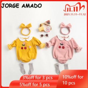 2022 Korean Style New Spring Baby Girls Bodysuit Cherry Letter Long Sleeves Peter Pan Collar Pullover Jumpsuit Infant Suit E2079