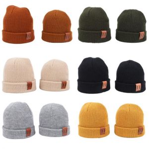 Baby Knit Hat for Boys Girls Autumn Winter Warm Kids Beanie Adult Children Parent-Child Hats Newborn Baby Cap with Leather Label