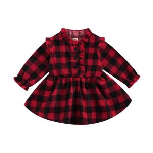 Newborn Girl’s Casual Long Sleeve Dress Baby's Clothes Corduroy Plaid Ruffles Round Neck A-line Dress Children's Cloth