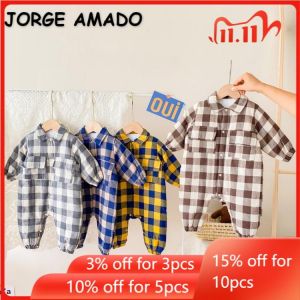 2021 Korean Style Winter Baby Girls Boys Romper Plaid Stand Collar Thick Long Sleeves Bebe Jumpsuit Newborn Warm Outwear E1189