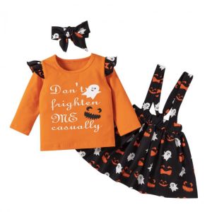 Toddler Baby Clothes Girl’s Skirt Three Piece Suit Halloween Costume Print Long Sleeve T-shirt and Suspender Skirt With Headband