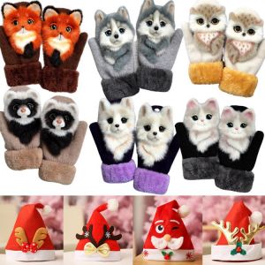Simulation Animal Winter Warm Gloves Long Cute Plush Furry Full Finger Mittens Soft Gloves Antlers Christmas Hat For Men Women