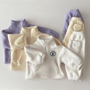 Winter Baby Sweatshirt Set Turn-Down Collar Thick Velvet Baby Boys Clothes Polar Fleece Coat + Pants 2Pcs Girls Clothing Suit