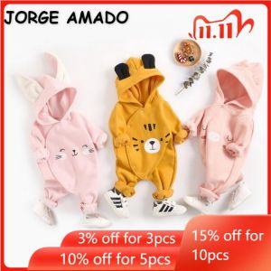 2022 Korean Style New Spring Baby Boys Girls Romper Pink Long Sleeves Rabbit Ears Hooded Thick Jumpsuit Newborn Clothes E9122