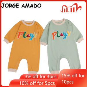 2022 Spring Bebe Girl Boy Romper Round Collar Letter French Fries Appliques Bodysuit Long Sleeves Jumpsuit Newborn Outwear E0350