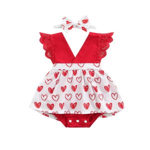 Baby Girls Two-piece Clothes Set Heart Printed Pattern Sleeveless Deep V-neck Romper And Headdress Pink Red Children's Clothi