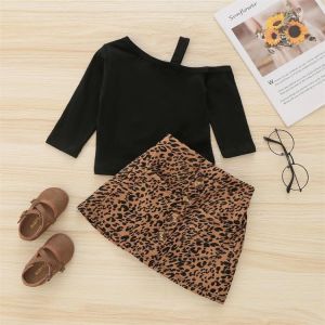 3-24M Fashion Girls Clothes Sets Infant Baby One-shoulder Long Sleeve Tops Leopard Short Skirt 2pcs Outfits Autumn Girl Clothing