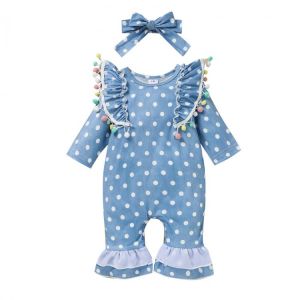 2Pcs Baby Girls Outfit Dot Printing Plush Ball Decoration Lace Splicing Long Sleeve Round Collar Flared Jumpsuit Headwear Set