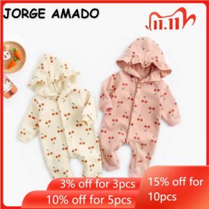 2021 Korean Style Winter Baby Girls Romper Pink Apricot Cherry Long Sleeves Hooded Thick Jumpsuit Newborn Fleece Clothes E8178