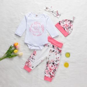 all in one place ילדים ותינוקות 0-18M Baby Girl Clothes Set Letter Print Long Sleeve O-neck Romper+Floral Print Trousers+Pointed Hat+Headband Clothing Suit 2021