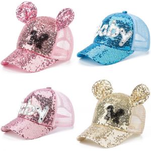 3-9 Yrs New Summer Autumn Baby Girl Hat Girls Baseball Cap Sequin Mesh Cartoon Cute Ears Adjustable Kids Caps Sun Hats