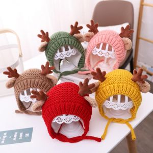 Cute Deer Elk Antlers Baby Hat Winter Warm Plush Knitted Ear Warmer Children Hat Bonnet Boys Girls Cap Beanie Christmas Hats