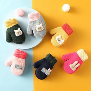 New Cute Cartoon Warm Child Gloves Winter Knit Wool Newborn Mittens Velvet Thick Baby Boy Girl Hanging Neck Glove Toddler Mitten