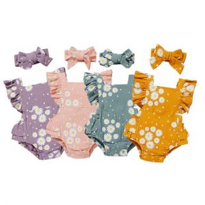 2Pcs Baby Clothes Girl Summer Outfit Daisy Printing Square Neck Ruffled Sleeves Romper Hairband For Toddlers Children's Cloth