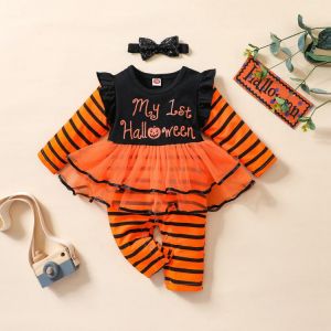 Pudcoco 0-2Y Baby Girls Two-piece Clothes Set Stripe and Letters Printed Pattern Romper and Headdress Clothing Suit Outfit