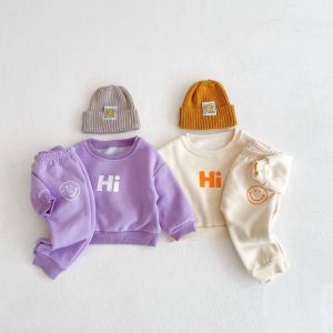 Baby Boys Girls Cartoon Letter Print Sweatshirt Set Infant Kids Casual Long Sleeve Cotton Tops+ Smiley Trousers Suit 2pcs