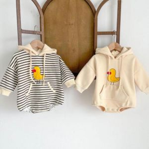 Winter Keep Warm Newborn Clothing Fashion Striped Boys Long Sleeve Infant Girls Cute Duck Pattern Jumpsuit One-piece Bodysuit
