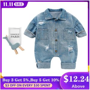 Spring Autumn Newborn Boys Girls Cowboy Broken Hole Jumpsuits Clothes Baby Boys Girls Long Sleeve Rompers Children Rompers