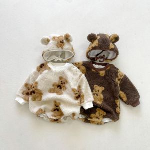 New Winter Baby Girl Boy Warm Lamb Wool Clothes Toddler Kid Thickened Cartoon Bear Cotton Bodysuit With Hat Jumpsuit 0-3 Years
