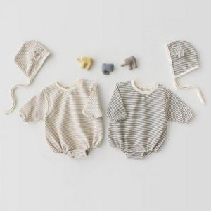 2021 Spring Autumn Children's One-piece Bodysuit Boys Stripe Infant Girls Cute Little Bear Ear Hat Jumpsuit Two-piece Suit