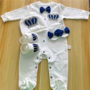 Baby Rompers Girls Boys Infant Cotton Clothes 4Pcs Set Hat Shoes Gloves Welcome Newborn Crown Jewelry Angel Wing Pajamas OUtfit