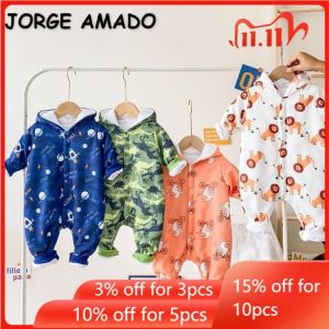 2021 Korean Style Winter Baby Girls Boys Romper Lion Dinosaur Elephant Space Hooded Thick Jumpsuit Newborn Fleece Clothes E1197