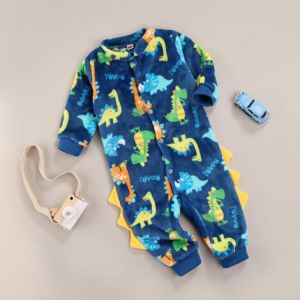 Kids Nightwear Romper Winter, Boys Cartoon Dinosaur Print Stand Collar Long Sleeve Jumpsuit Sleepwear for Fall Winter, 2-7 Years