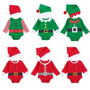 2 Pcs Newborn Christmas Outfits Long Sleeve Round Neck Print Bodysuit+ Pompom Cap Cotton Infant Boy Girl Clothes Xmas Clothing