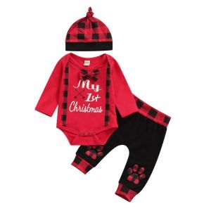 Toddler Baby's Clothes Boy’s Clothes Christmas Outfits Print Long Sleeve Romper Trousers With Hat Children's Clothing 