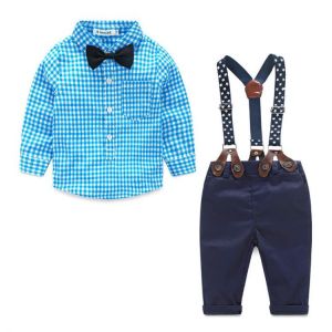 Toddler Infant Newborn Baby Boy Bow Tie Plaid Blue Shirt Suspender Pants Trousers Outfits 2pcs Set