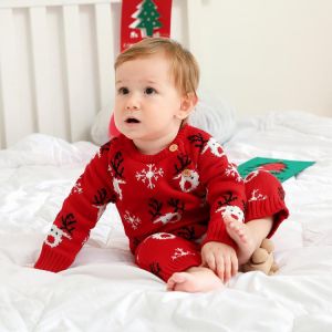 Baby Rompers Long Sleeve Newborn Infant Boy Girl Christmas Pattern Sweaters Jumpsuits Winter Red Toddler Reindeer Overalls 0-18m