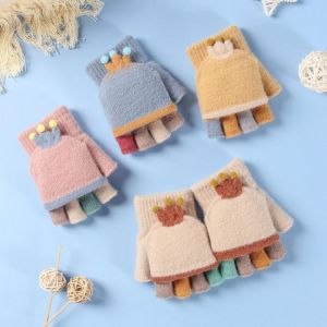 Autumn Winter Baby Gloves Cartoon Warm Knitted Kids Fingerless Gloves Girl Boy Flip Half-Finger Gloves Thick Children Mittens