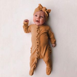 Spring Fall Boutique Solid Cotton Headband Ruffle Little Brother Cute Romper Babygirl Onesie New Born Baby Boys&Girls Clothes