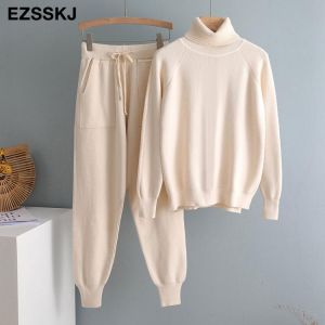 2021 2 Pieces Set Women Knitted Tracksuit Turtleneck Sweater + Carrot Jogging Pants Pullover Sweater Set CHIC Knitted Outwear
