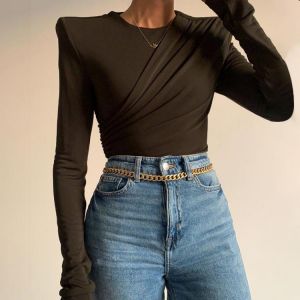 2021 Harajuku O Neck Long Sleeve Crop Top Women Basic Casual Autumn Winter Padded Shoulder T Shirts Ruched Streetwear Fashion