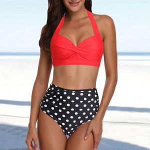 Women's Sexy Bikini Swimsuit Retro Swimwear Summer Two-piece Retro Open Back Ruffled High Waist Printed Push-up Bikini Set