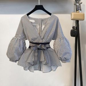Lantern Sleeve Blouse Shirt Women 2021 Fashion Korean Style Summer Bow V-neck Striped Shirt Elegant Ladies Tops Female Clothing