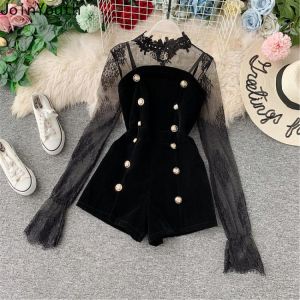 Joinyouth Two Piece Outfits Lace Tulle Pullover Flare Sleeve Shorts Gold Velvet Button Solid 2020 New Fashion Clothes Female