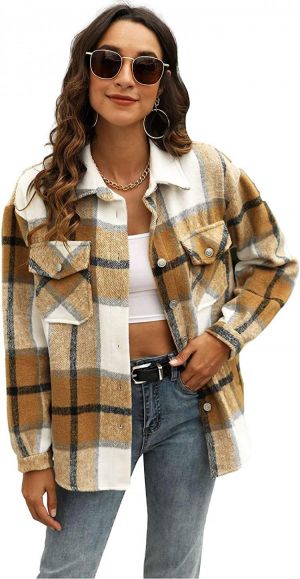 UANEO Womens Casual Plaid Wool Blend Button Down Long Sleeve Shirt Jacket Shackets