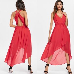 New British Style 2021 Beach Dress Sleeveless V-neck Lace Sexy Temperament Suspenders Irregular Backless Chiffon Dress LYQ272